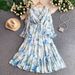 Women's Floral Print Chiffon Maxi Dress V-Neck Bohemian Flowy Ruffle Sleeve Midi Dress Elegant Waist-Defining Dress_ecoleips.com
