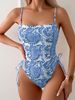 Vintage Blue White Paisley Textured One Piece Bikini Sling Square Neck Adjustable Side Ties High Leg Cut Slim Fit Vacation Swimsuit For Women_ecoleips.com