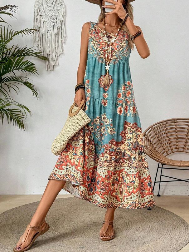 Holidaya Ladies Summer Floral Print Round Neck Sleeveless Dress For Casual Or Vacation Maxi Vacation Beach Outfits Women_ecoleips.com