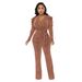 Women's Clothing Cinching V Neck Puff Sleeve Glossy Knit Sexy V-Neck Belted Jumpsuit With Puff Sleeves & Metallic Finish - Women's Shiny Knit Romper_ecoleips.com