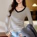 2025 #Selection Of Pure Cotton # Striped V-Neck Long Sleeved T-Shirt For Women In Autumn 2025, New Stylish Slim Fit Versatile_ecoleips.com