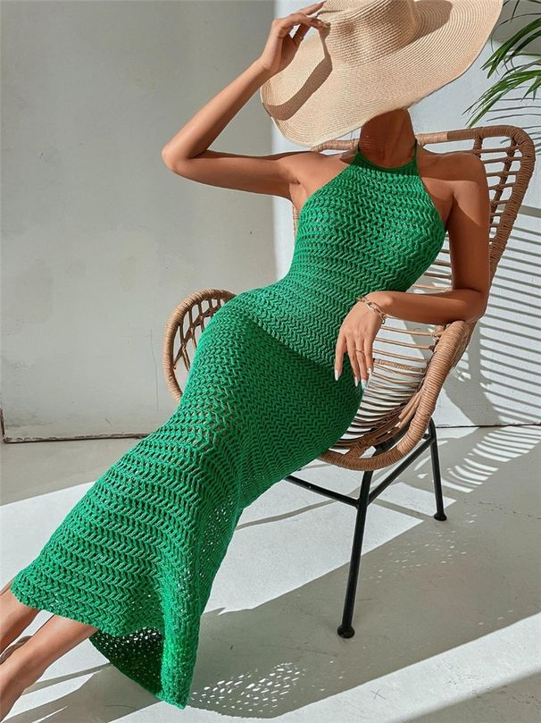 Women's Clothing Spring And Summer New Slim Fit Halter Neck Tie Backless Knitted Sweater Dress_ecoleips.com