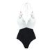 Women's Black & White Floral One-Piece Swimsuit - Deep V-Neck Elegant Swimwear_ecoleips.com