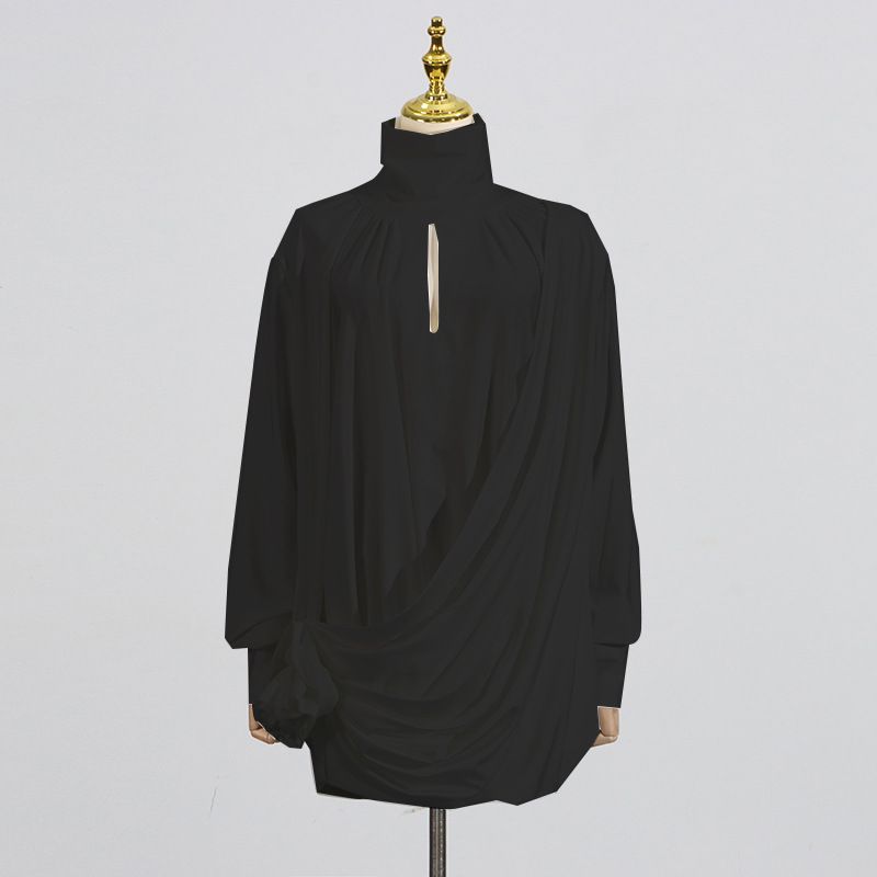 Elegant French Style High Neck Long Sleeve Short Dress Three Dimensional Floral Embellishment Pleated Women's Party Wear New Style_ecoleips.com