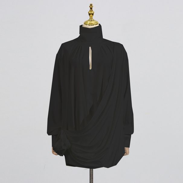 Elegant French Style High Neck Long Sleeve Short Dress Three Dimensional Floral Embellishment Pleated Women's Party Wear New Style_ecoleips.com