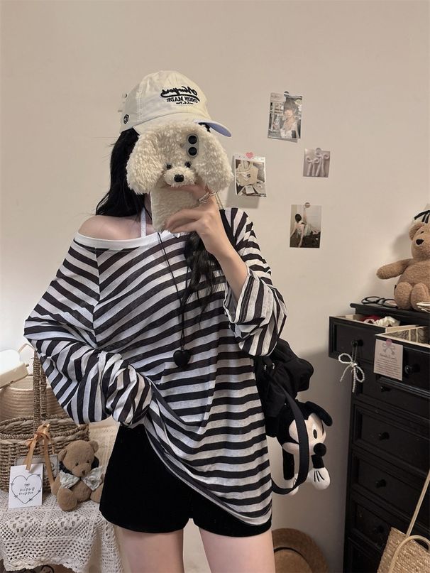 Two-Tone Striped Sheer Sun Protection Shirt, Summer 2026 New Casual Loose Lightweight Long-Sleeve Top With Chest Pads_ecoleips.com