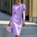 Elegant Women's Slim Fit Dress Solid Color Round Neck 3D Floral Decoration Party Dress Summer New Arriva_ecoleips.com