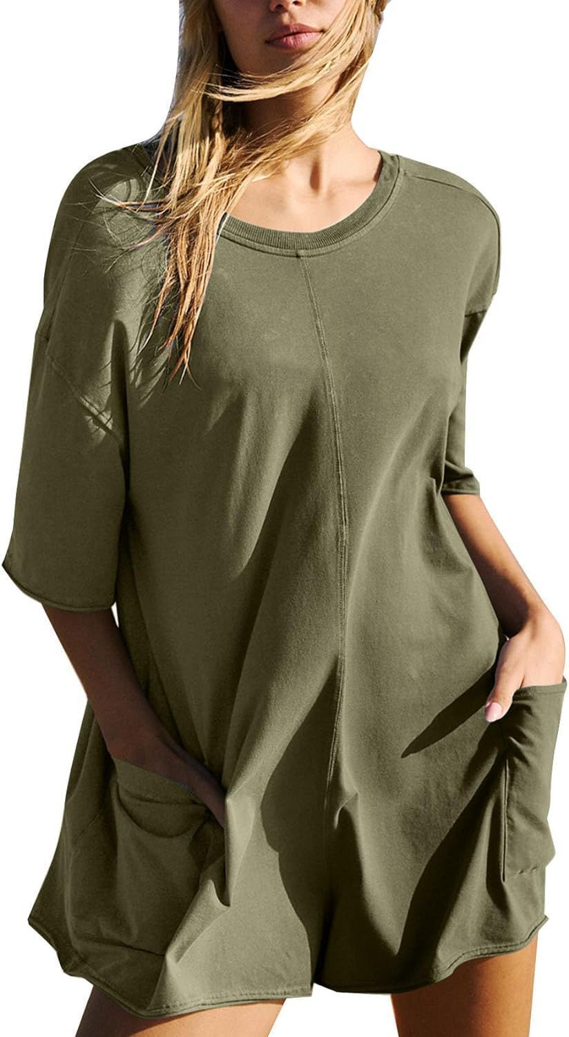 Summer Women's V-Neck Backless Jumpsuit – Batwing Sleeve, Loose Fit, Pockets, Casual Romper (Khaki/Pink/Navy/Black/New Pastel Colors)_ecoleips.com