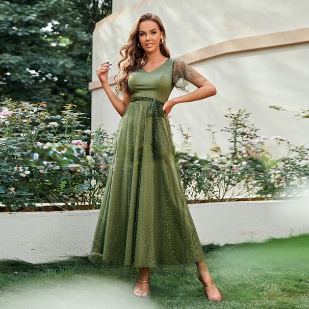 Women's Elegant Belt Bronzing Mesh A Swing Wedding Dress Bridesmaid Dress_ecoleips.com