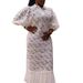 Women's Clothing Elegant Plus Size Floral Embroidered Blouse Dress Stylish Office Wear Lace Details Loose Fit Long Length Polo Collar, Bubble Sleeves_ecoleips.com