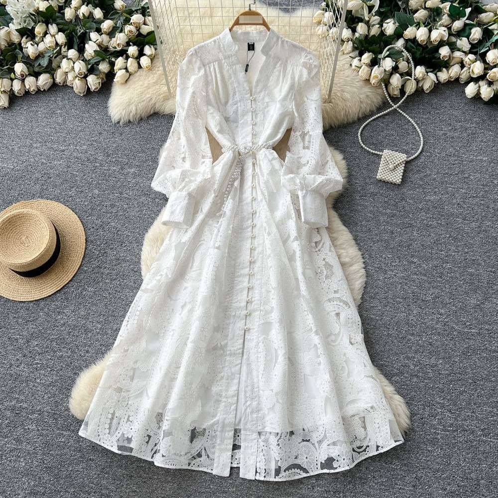 Luxury Embroidered Mesh Dress – Long Sleeve, Waist-Defining A-Line Silhouette For Women (Elegant Hollow-Out Design, White/Blue/Yellow, S-XXL)_ecoleips.com