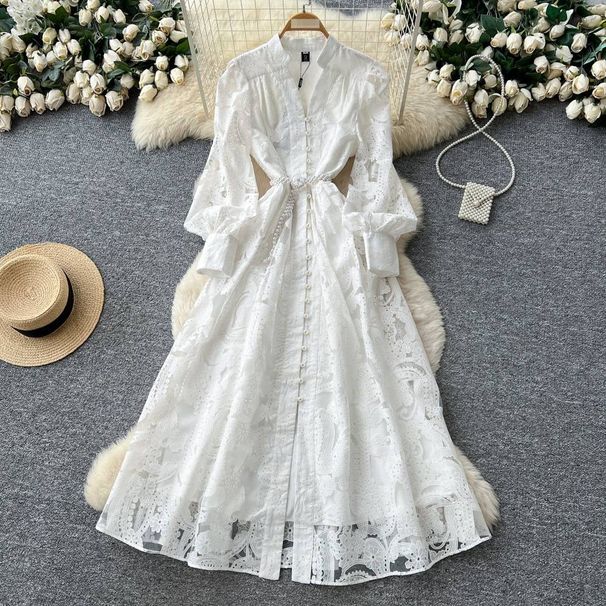 Luxury Embroidered Mesh Dress – Long Sleeve, Waist-Defining A-Line Silhouette For Women (Elegant Hollow-Out Design, White/Blue/Yellow, S-XXL)_ecoleips.com