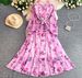 Women's French Style Romantic Floral Print Dress Round Neck Long Sleeved Summer Style Ruffled Waist Slimming Full Skirt_ecoleips.com