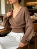 Coffee Brown Deep V Wrap Pit Rib Knit Sweater, Loose Lightweight Breathable Soft Skin-touch Long Sleeve Slim Waist Pullover_ecoleips.com