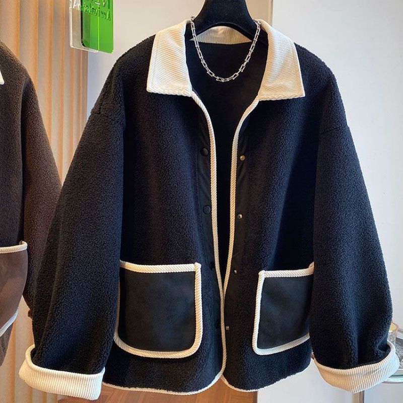 Women’s Chunky Knit Teddy Coat – Korean Winter Oversized Fleece Jacket With Patchwork Design & Acrylic Fur Trim_ecoleips.com