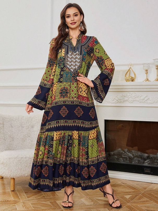 Directly Supplied By The Manufacturer, Yiduoduo's New Cross-border Middle Eastern Printed V-neck Dress, Women's Elegant_ecoleips.com