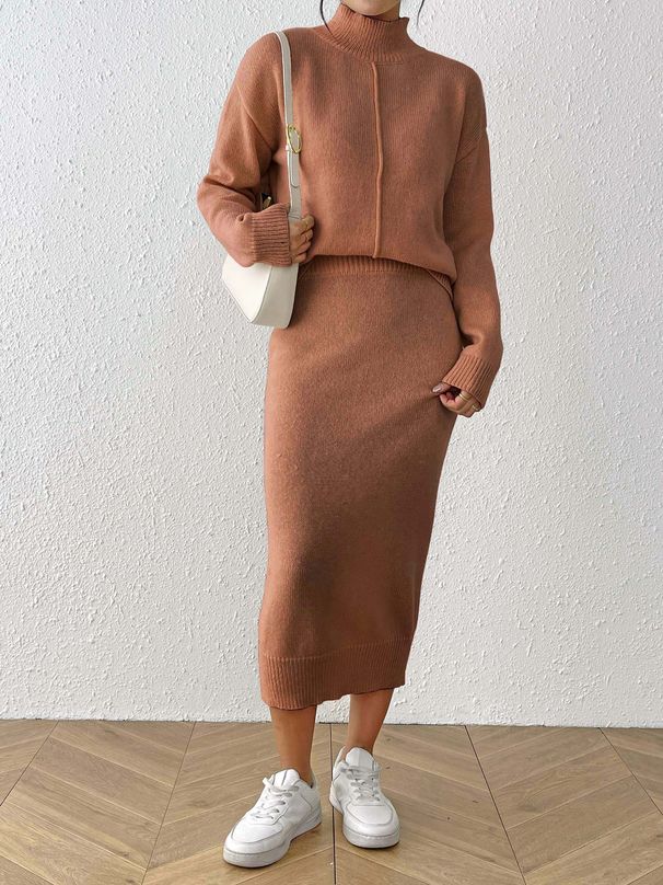 Elegant Solid Color Women's Outfit - High Neck Pullover Sweater & Bodycon Pencil Skirt Two-Piece Set_ecoleips.com
