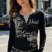 Slim Fit Long Sleeve Printed T-Shirt Base Layer Top Henry Faux Two Piece Retro Black Collar with Lettering Slimming Effect Women's Clothing_ecoleips.com