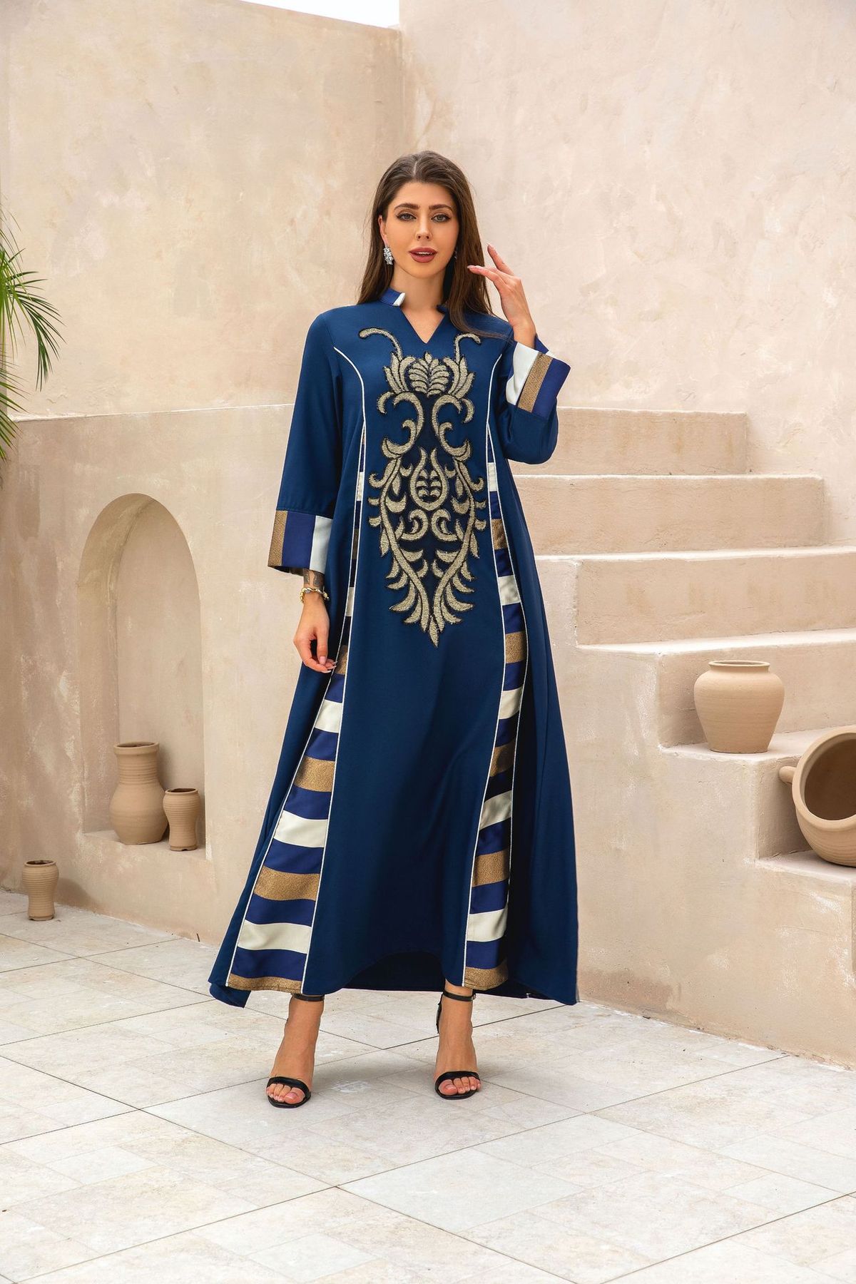 Robe Clothing Sequin Embroidery Splicing Striped Abaya Muslim Robe_ecoleips.com
