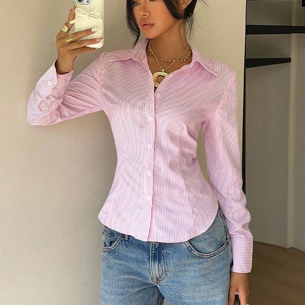 Women's Elegant Striped Long Sleeve Shirt Belted Waist Tie Office Casual Wear Top_ecoleips.com