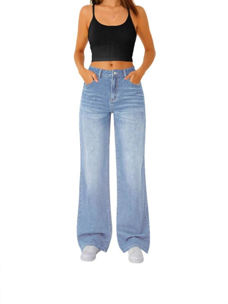 Women's Clothing Casual Straight Jeans Slightly Flared Elastic Waist Denim Jeans_ecoleips.com
