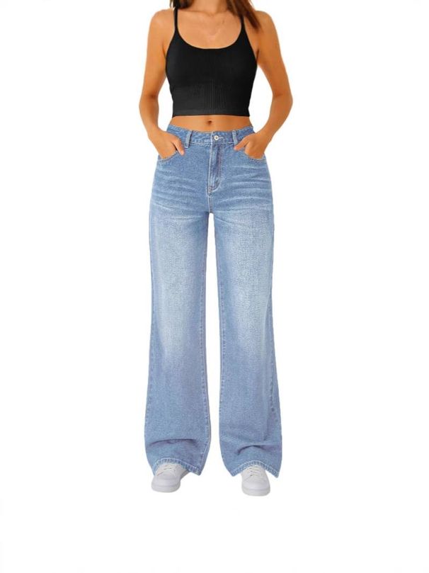 Women's Clothing Casual Straight Jeans Slightly Flared Elastic Waist Denim Jeans_ecoleips.com