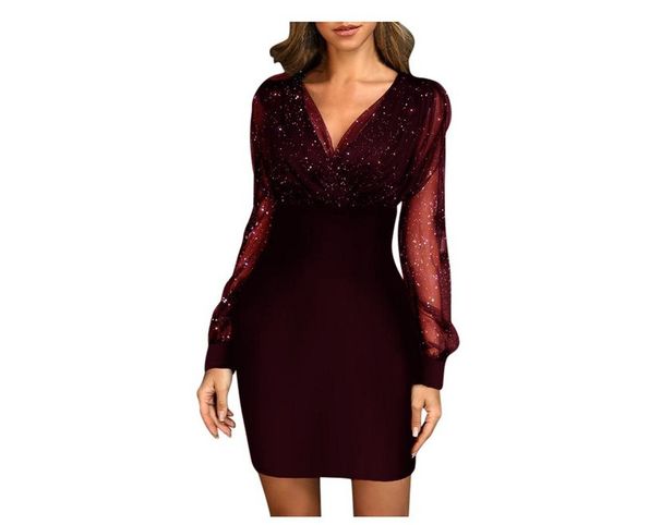 Women's Clothing Mesh V Neck Sequin Dress Slim Sexy Dress In Stock_ecoleips.com