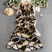 Women's Clothing Women's Style High-End Round Neck Dress Printed Lantern Sleeve Waist Slimming Pleated Summer Style_ecoleips.com