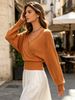 Apricot Orange Deep V Wrap Pit Rib Knit Sweater, Loose Lightweight Breathable Soft Skin-touch Long Sleeve Slim Waist Pullover_ecoleips.com