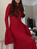 Winter Slim Maxi Dress Elegant Long Knitted Ruffle Dress Women Sexy 2025 Autumn Retro Flared Sleeve Hollow Evening Party Dresses_ecoleips.com