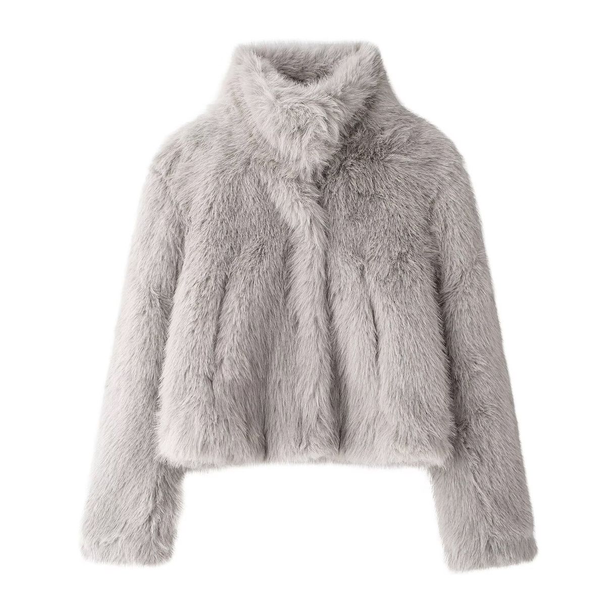 Women's Faux Fur Coat Winter Fashion Long Sleeve Stand Collar Fleece Warm Pocket Short Jacket Streetwear Outerwear_ecoleips.com