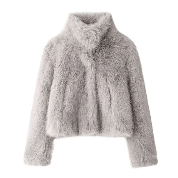 Women's Faux Fur Coat Winter Fashion Long Sleeve Stand Collar Fleece Warm Pocket Short Jacket Streetwear Outerwear_ecoleips.com