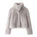 Women's Faux Fur Coat Winter Fashion Long Sleeve Stand Collar Fleece Warm Pocket Short Jacket Streetwear Outerwear_ecoleips.com