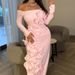 Elegant Off Shoulder Long Sleeve Skinny Dress Fashion Flower Dimensional Pink Wrap Hip Dress Lady Sexy Backless Solid Long Dress_ecoleips.com