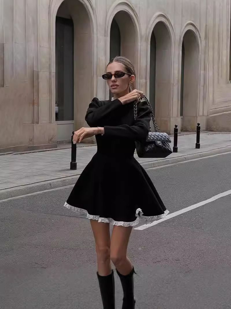 Women's Elegant Black Lace Trim Long Sleeve Belted Bodycon Mini Dress – Fall Casual Gown_ecoleips.com