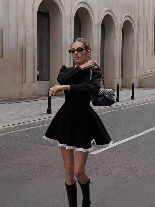 Women's Elegant Black Lace Trim Long Sleeve Belted Bodycon Mini Dress – Fall Casual Gown_ecoleips.com
