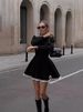 Women's Elegant Black Lace Trim Long Sleeve Belted Bodycon Mini Dress – Fall Casual Gown_ecoleips.com