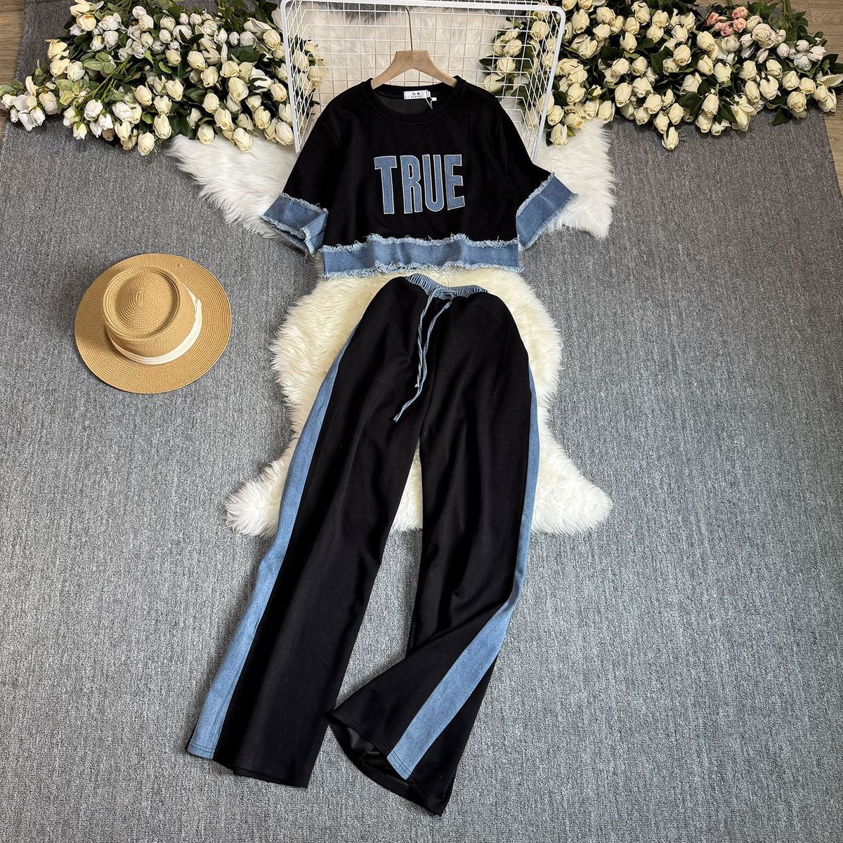 Summer Loose Short Pullover Short Sleeve Top Wide Leg Trousers Contrast Color Two Piece Sports Leisure Suit For Women_ecoleips.com