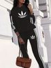 Spring Autumn Women's Casual Vacation Suit Classic Black White Striped Hooded With Side Print American Style_ecoleips.com