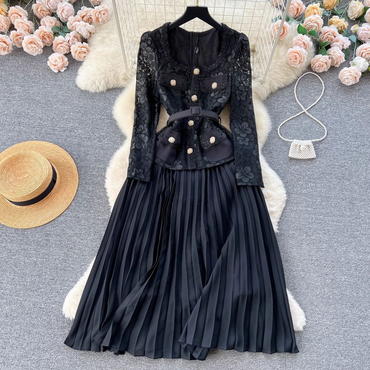 Elegant French-Chic Dress With Intricate Beading, Metal Buttons, Square Neckline & Lace Inserts – Flowy Pleated Midi Dress For Women_ecoleips.com