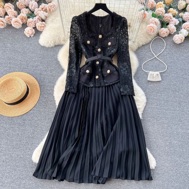 Elegant French-Chic Dress With Intricate Beading, Metal Buttons, Square Neckline & Lace Inserts – Flowy Pleated Midi Dress For Women_ecoleips.com