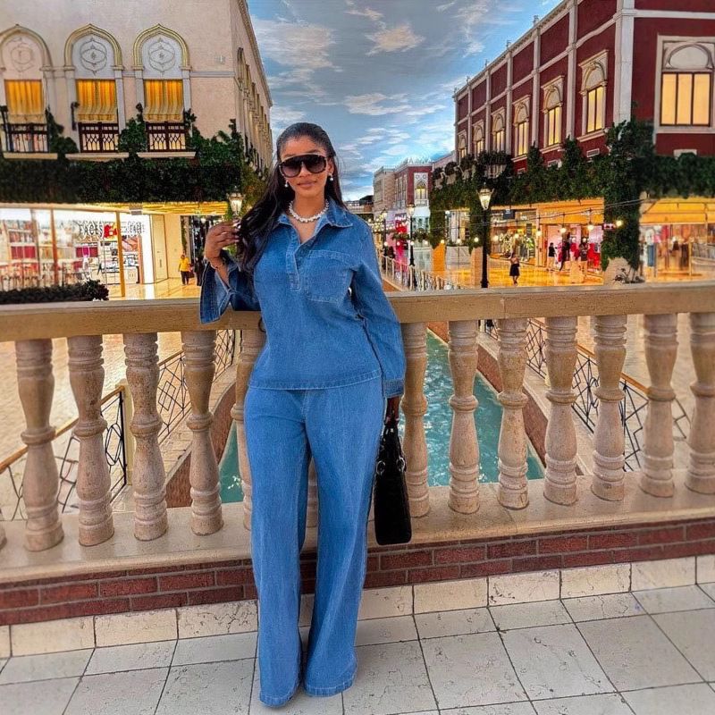 Women's Clothing Women's Denim Suits Long Sleeved Lapel Pocket Tops Lace Up Straight Trousers Two Piece Set European American Style_ecoleips.com