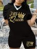 Summer Women's Casual Fashion Queen Letter Print Loose T-shirt Shorts Two-piece Sportswear Suitable For Daily Wear-126_ecoleips.com