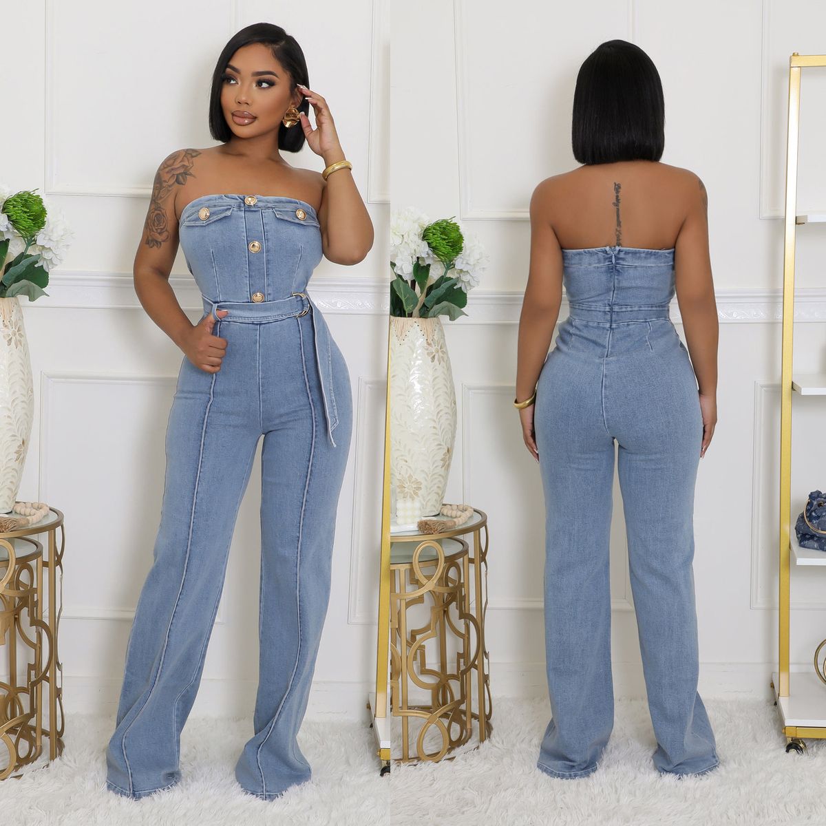 Women's Clothing Strapless Slim Fit Elastic Washed Denim Jumpsuit For Women Wide Leg Pants For Formal & Casual For Women_ecoleips.com