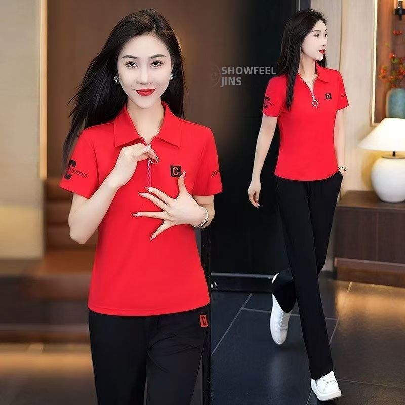Women's Sporty Two-Piece Set Casual Short-Sleeve Outfit Breathable Summer Flattering Clothing for Moms Sizes M-4XL Colors Black Red Blue_ecoleips.com