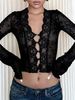 Elegant Women's Top, Sexy V-neck Printed Dress With Lace Trim, Long-sleeved Cardigan, Semi-sheer Top, Suitable For Spring And Autumn, Perfect For Daily Commutes._ecoleips.com
