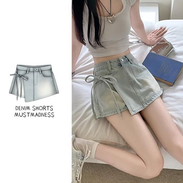 Fake Two Pairs Of Denim Shorts, Women's Summer A-line High Waisted Irregular Western-style Tied Skirt Pants, Small And Spicy Girl Pants_ecoleips.com