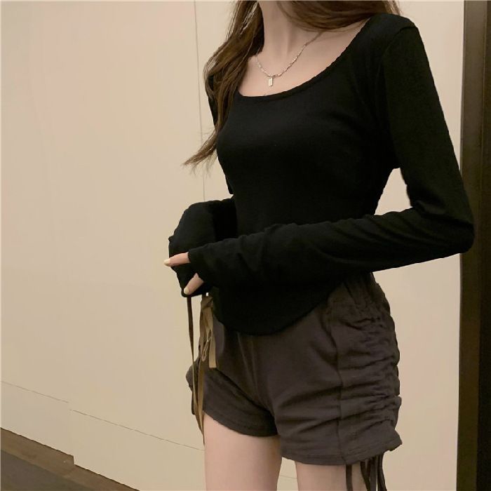Women's Asymmetrical Hem Long Sleeve Top Fashion Fitted Cropped Tee Basic Layering Shirt for Fall Winter_ecoleips.com