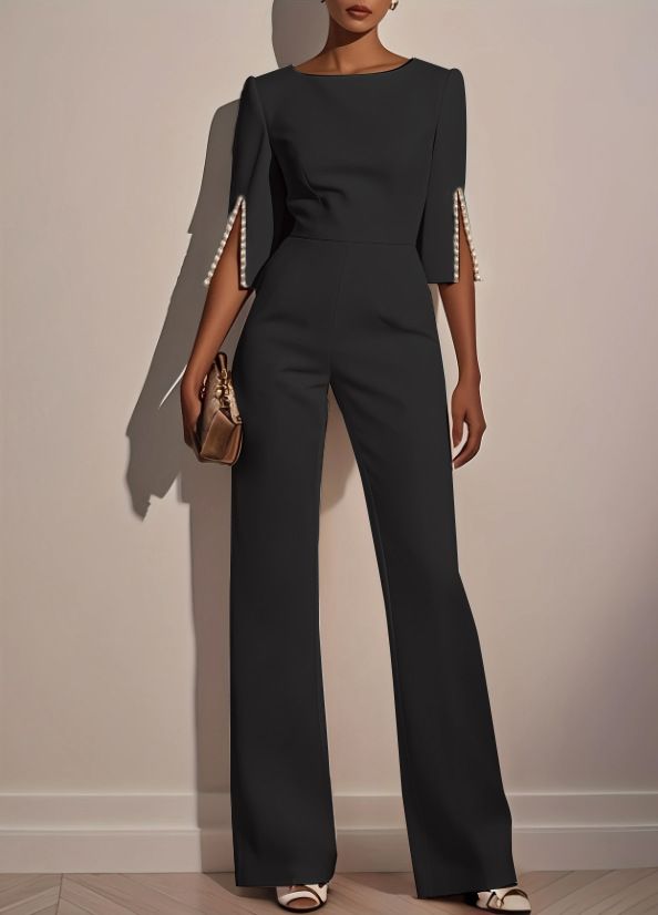Women's Clothing Solid Color Beaded Decorated Slim Jumpsuit_ecoleips.com