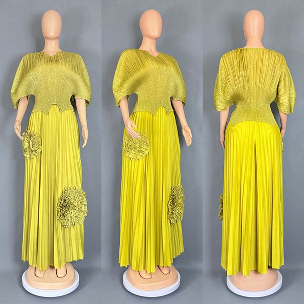 Elegant Plus Size V-Neck Gold Foil Batwing Sleeve Top & Pleated Skirt Set – Summer & Spring Casual Outfit_ecoleips.com